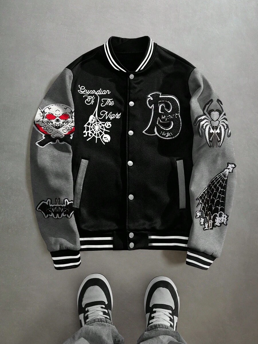 Manfinity EMRG Áo khoác nam họa tiết chữ và mạng nhện đơn giản, phong cách đường phố Mỹ tối giản, trang phục thu/đông cho nam - Nhiều màu - Xem 1