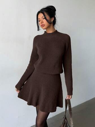 Elenzga Women Loose Casual Round Neck Textured Top And Pleated Skirt 2 Pieces Set