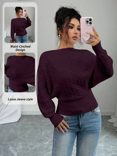 Elenzga Suéter de punto con cuello oblicuo, manga larga y textura retorcida, para otoño/invierno