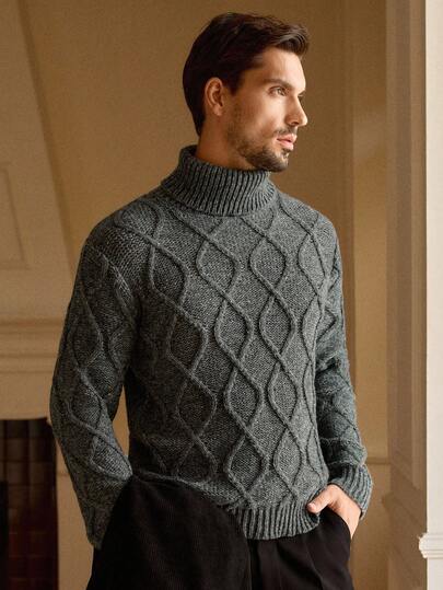 HIMLAND Pulover casual tricotat cu guler înalt pentru bărbați, toamnă/iarnă