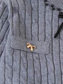 Young Girl Autumn/Winter Casual Commute School Style Bow Decor Cable Knit Cardigan And Pleated Skirt Set - Grey - View 8