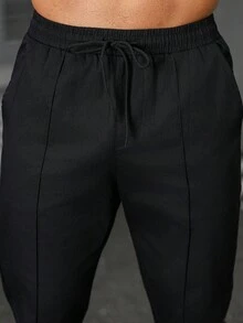 Manfinity Homme Men Cotton Solid Color Seam Front Elastic Waist Casual Pants, Men Slim Fitted Elastic Trousers, Fall - Black - View 3