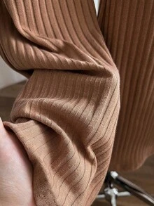 3 件套女童加大舒适毛绒针织长开衫、高领罗纹上衣和修身喇叭裤，冬季服装 - 棕色 - 查看 5