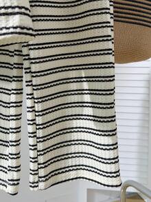 Genkimix Kids 青少年女孩休闲时尚波浪设计 T 恤套装，针织面料白领长袖波浪 T 恤上衣搭配针织提花面料黑白波浪休闲裤，适合女孩返校、日常外出、度假、派对、春秋季拍照 - 彩色 - 查看 6