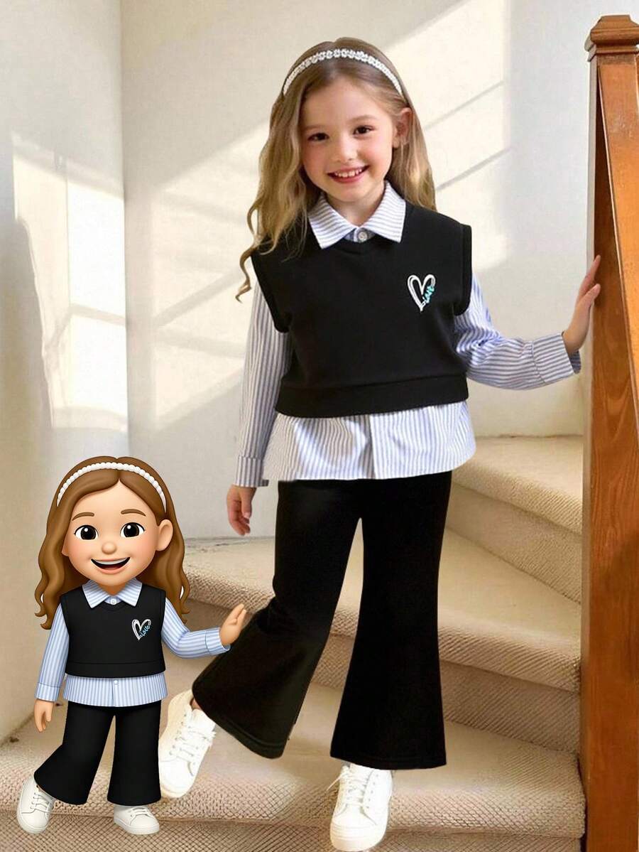 Elladie kids 3件套女童休闲条纹衬衫+爱心印花背心+裤子套装,秋冬季女童服装,女童两件套黑色背心套装,女童秋季服装 - 黑色 - 查看 1