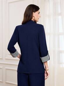 SHEIN LUNE 女士休闲通勤卷袖西装外套，休闲款 - 藏蓝色 - 查看 2