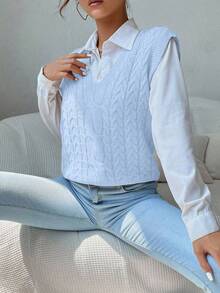SHEIN Unity Women's Autumn Simple Solid Color Cable Knit V-Neck Sweater Vest - Baby Blue - View 4