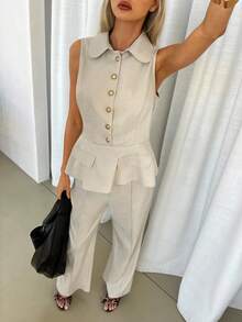 Siren Gaze Women's Sleeveless Ruffle Hem Vest Top And Long Pants Set, Elegant Office Lady 2 Pieces Outfit, Suitable For All Seasons