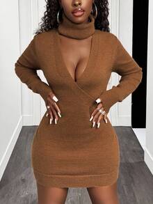 BamGleam Women's Deep V-Neck Long Sleeve High Collar Fitted Casual Knit Sweater Dress, Autumn/Winter