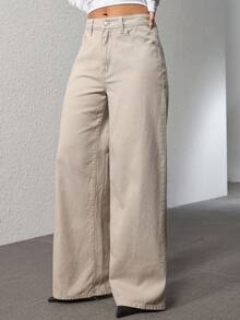 SHEIN ICON 女式高腰口袋阔腿宽松休闲牛仔裤 - 白色 - 查看 7