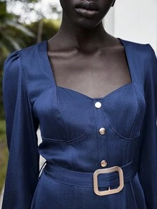 Lumivelle Denim Blue Metal Button Decor Long Sleeve Midi Dress - Royal Blue - View 2