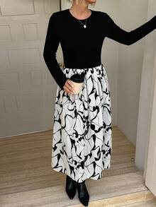 Vivie Lora Gaun Sweater Rajut Blok Warna Mode Musim Gugur/Dingin Wanita - Hitam - View 6