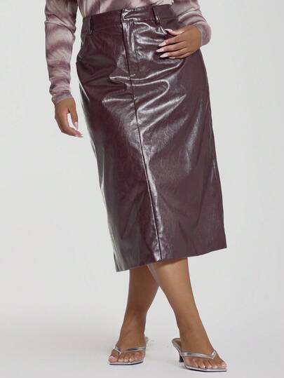 MUSERA Falda midi recta de cuero sintético lavado Plus, estilo chica cool, para salir, sexy, Feraux