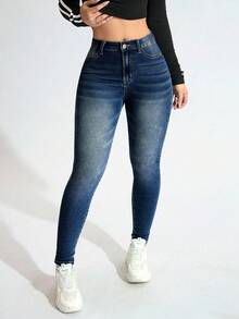 SHEIN ICON 女式高腰口袋紧身休闲百搭牛仔裤 - 深色水洗藍 - 查看 1