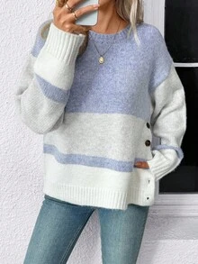 EMERY ROSE Women's Casual Contrast Color Crew Neck Knit Top With Hem Slit, Versatile For Autumn/Winter