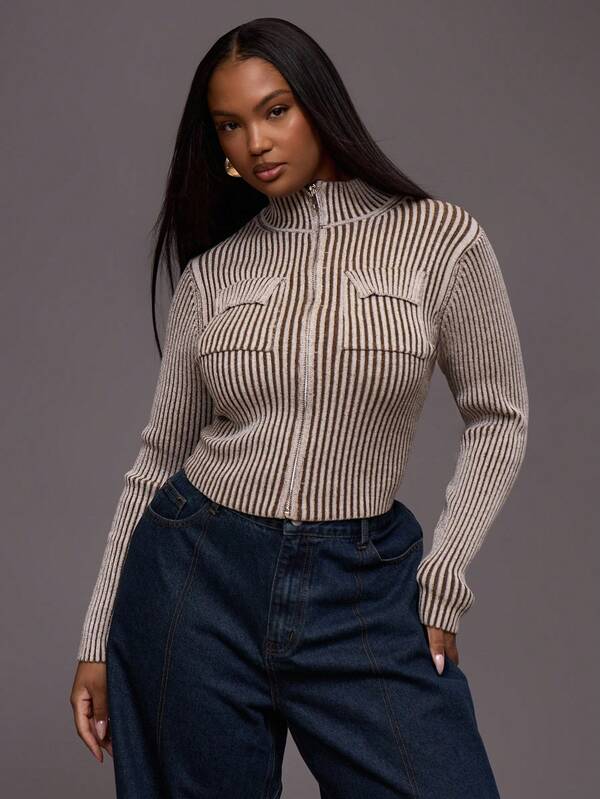 MUSERA Suéter de manga larga con cuello alto, cierre completo, detalles de bolsillo de canalé a rayas, talla grande, para uso diario, casual, elegante, fiesta, Navidad