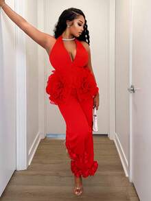 BamGleam Women 3D Floral Halter Sleeveless Top And Long Pants Suit, 2 Pieces Set