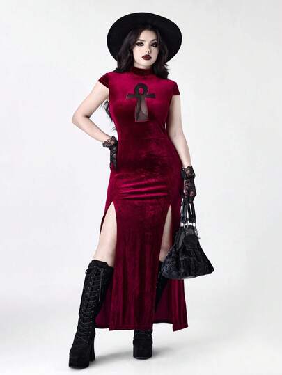 Goth Vestido ajustado de estilo gótico vampiro con cruz hueca y abertura alta de estilo antiguo egipcio