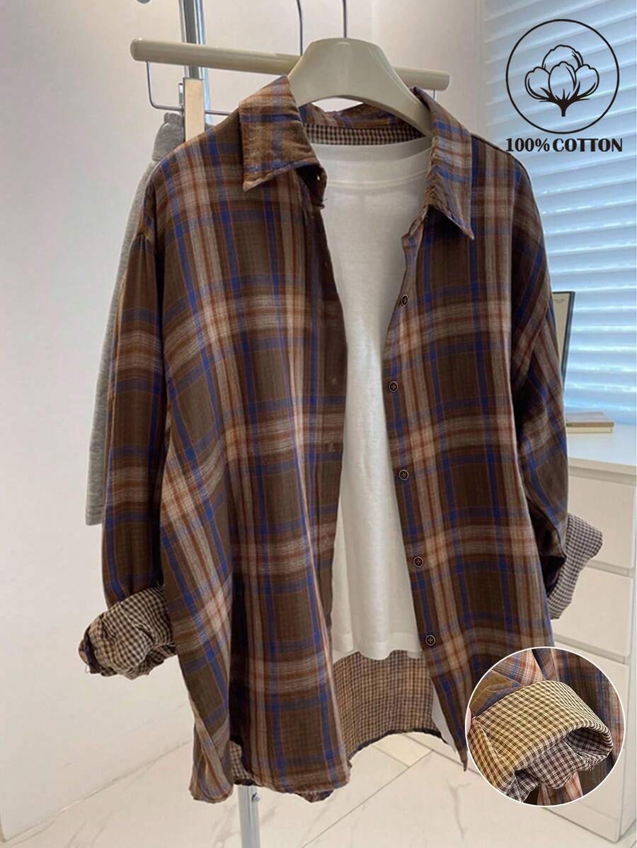 INAWLY Plus Size Casual Loose Plaid Shirt, Flattering - Coffee Brown - View 1