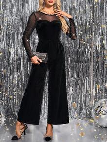 SHEIN Clasi Women's Crew Neck Long Sleeve Waist Cinching Velvet Patchwork Glitter Long Sleeve Elegant Everyday, Party, Holiday Jumpsuit, Autumn/Winter