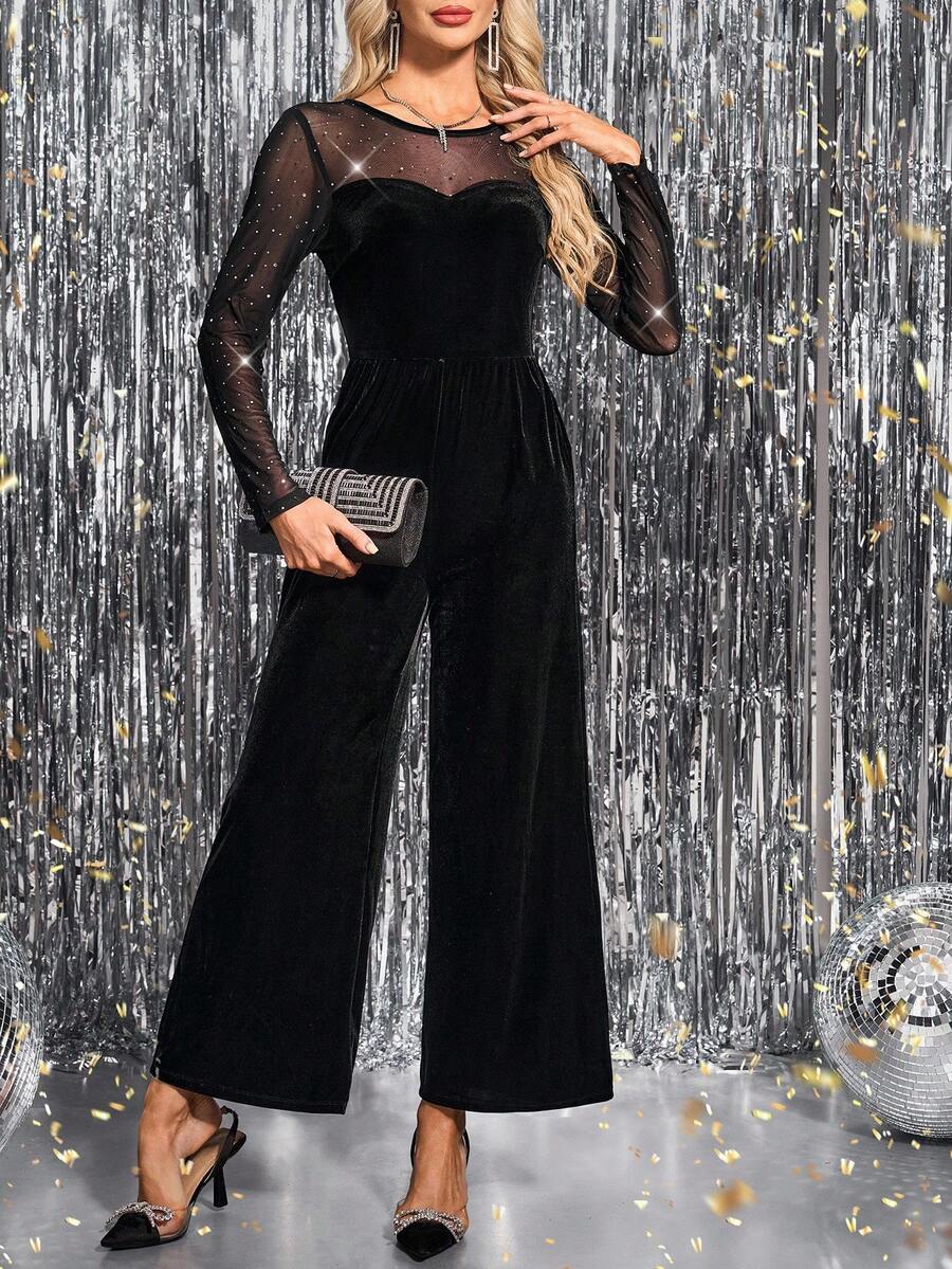 SHEIN Clasi Women's Crew Neck Long Sleeve Waist Cinching Velvet Patchwork Glitter Long Sleeve Elegant Everyday, Party, Holiday Jumpsuit, Autumn/Winter