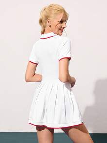 CourtClass Contrast Trim Pleated Summer Sporty Mini Dress - White - View 2