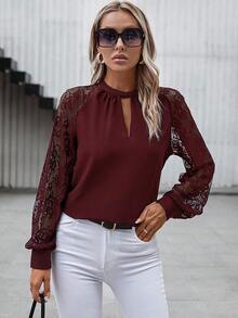 SHEIN Clasi Damen elegante Bluse mit Schlüsselloch-Ausschnitt, Spitzen-Patchwork und Raglanärmeln, Herbst - Bordeaux - Übersicht 5