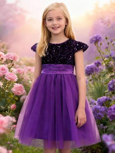 Young Girl Sequin Patchwork Round Neck Elegant Dress