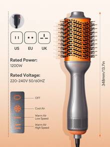JMMO 一步式丰盈热风梳，热风梳，吹风造型梳，轻松打造沙龙级造型，四合一吹风造型器，可吹干、拉直、卷发、打造蓬松造型，内置护发成分，令秀发亮泽柔顺，快速吹干，三档温度可调，不拉扯、不打结、不缠绕，适用于各种长度和质地的卷发造型，适合时尚女性化妆、派对、海滩、旅行、露营等户外活动。