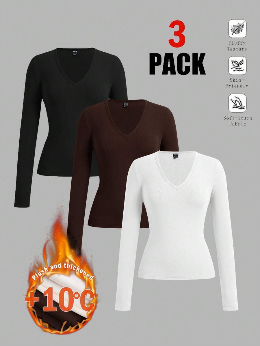 SHEIN EZwear Bộ 3 áo thun dài tay cơ bản cổ chữ V sâu ôm vừa vặn thường ngày cho nữ, thích hợp cho mùa thu/đông - Nhiều màu - Xem 1