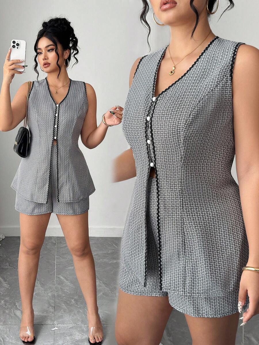 Elenzga Conjunto Plus Size Elegante Ajustado de 2 Peças