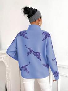 SHEIN LUNE Sweater Wanita Kasual Motif Hewan dengan Kerah Tegak, Musim Gugur/Dingin - Baby Blue - View 2