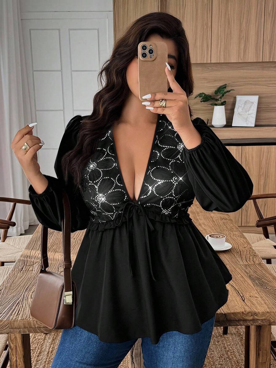 EMERY ROSE Plus Size Women's V-Neck Sequin Patchwork Ruffle Hem Bow Tie Blouse, Autumn/Winter - Black - View 1