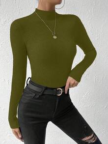 SHEIN Sweater Wanita Lengan Panjang Kerah Tegak Warna Polos, Pas Badan, Musim Gugur/Dingin - Olive Green - View 5