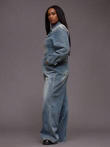 MUSERA 加大码水洗牛仔阔腿连体裤，日常休闲酷女孩街头风，未裁剪 - 藍色 - 查看 3