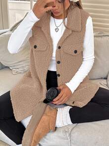 SHEIN EZwear 1件女士纯色纽扣前开襟无袖口袋休闲外套，适合秋冬季日常穿着，卡其色，适合女士秋季穿着，女士背心，适合冬季女性居家办公早餐穿着，秋季，女士秋季 - 杏色 - 查看 6