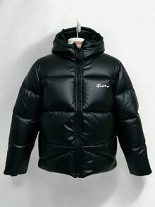 SHEIN Teenager Boys' Casual Letter Slogan Print Hooded Zip-Up Jacket Outerwear Bomber Jacket Puffer Padded Coat, Versatile All-Match Jacket Suitable For Commuting, School, Casual, Travel, Outdoor, Party, Fall Autumn And Winter Clothes - Black - View 1