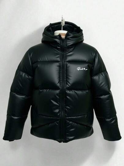 SHEIN Tonårspojkar, casual, bokstavsslogan, huva, dragkedja och ytterkläder, mångsidig all-match-jacka, lämplig för pendling, skola, casual, resor, utomhus, fest, höst/vinter