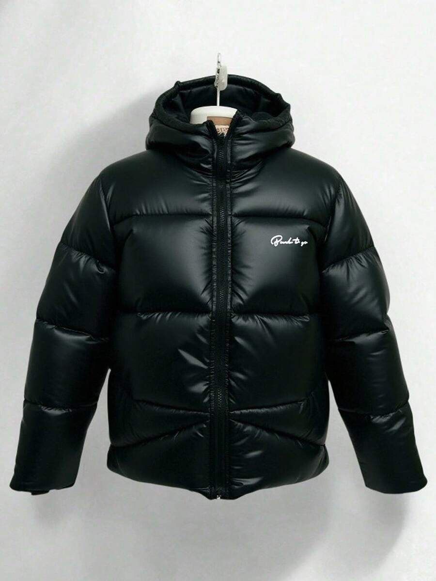 SHEIN Teenager Boys' Casual Letter Slogan Print Hooded Zip-Up Jacket Outerwear Bomber Jacket Puffer Padded Coat, Versatile All-Match Jacket Suitable For Commuting, School, Casual, Travel, Outdoor, Party, Fall Autumn And Winter Clothes - Black - View 1