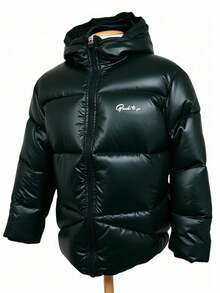 SHEIN Teenager Boys' Casual Letter Slogan Print Hooded Zip-Up Jacket Outerwear Bomber Jacket Puffer Padded Coat, Versatile All-Match Jacket Suitable For Commuting, School, Casual, Travel, Outdoor, Party, Fall Autumn And Winter Clothes - Black - View 4