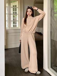 SHEIN Teen Girl Contrast Color Stand Collar Long Sleeve Sweater & Drawstring Sweatpants Casual Knit Set,Peach,Autumn,Casual Elegant,Junior,Work,Soft Top - Multicolor - View 6