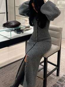 Siren Gaze 合身纽扣前开襟毛衣裙，V 领设计，独特灯笼袖，灰色 - 灰色 - 查看 9