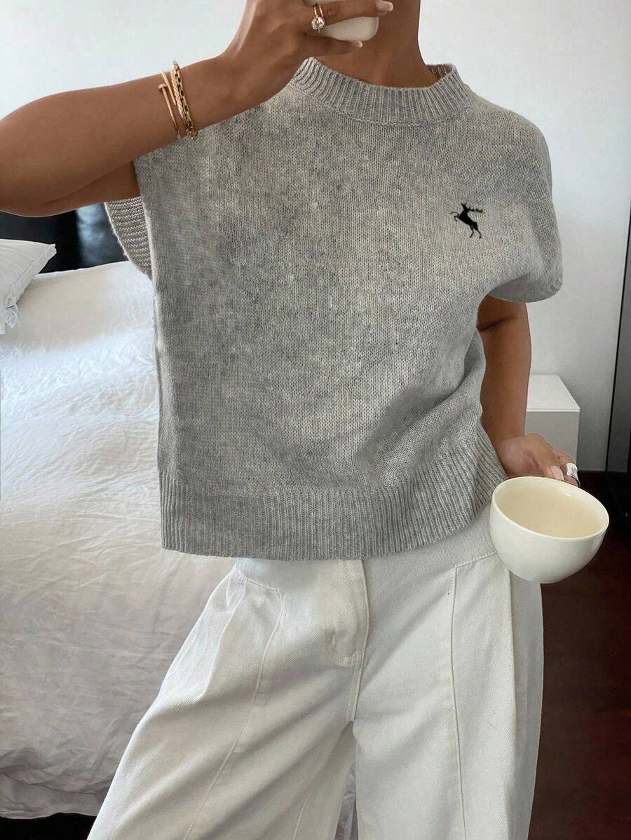 Siren Gaze Áo thun tay ngắn màu xám họa tiết hươu chạy màu đen thanh lịch, thêu logo chân thực, phong cách đa năng, thích hợp cho đầu thu - trắng - Xem 1