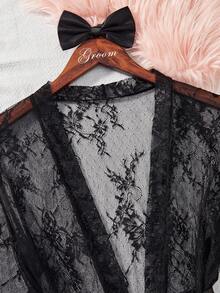 Floral Lace Belted Robe With Thong, Lingerie, Baddie Look - Black - View 4