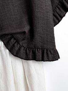 Linhara Áo cánh dơi cổ tròn tay cánh dơi màu trơn cỡ lớn cho nữ, rộng rãi, chắp vá, viền bèo nhún, thường ngày - Rỉ Nâu - Xem 5