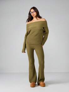 MISSGUIDED 罗纹针织露肩两件套长袖露肩毛衣喇叭裤冬季舒适套装家居服圣诞节 - 綠色 - 查看 2