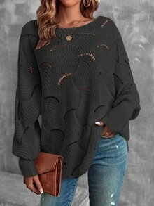 EMERY ROSE Suéter casual de cuello redondo de unicolor con diseño calado - Gris Oscuro - Ver 3