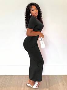 Alexandranx 女士纯色 V 领紧身短袖连衣裙 Hoco Dresses - 黑色 - 查看 3