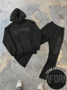 Manfinity Dauomo Men's Hoodie Co-Ords,Black Autumn Streetwear Work,California Letter Foaming 2 Pieces Set,Loose Retro Fleece Hooded Sweatshirt&Long Sweatpants,Gift - Multicolor - View 1