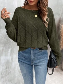 EMERY ROSE Women's Casual Solid Color Batwing Sleeve Crew Neck Sweater, Autumn/Winter - Army Green - View 5